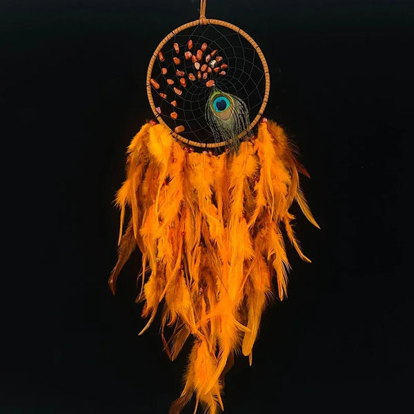 Attrape Rêve Orange Plume de Paon | Attrapeur de Rêves