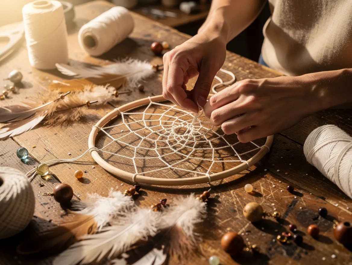 Tissage d’un attrape-rêves à l’atelier
